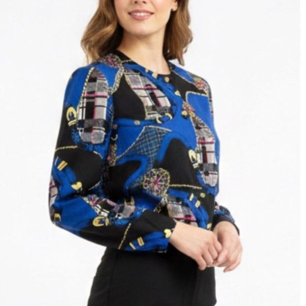 Cape Cod Sportswear Blue Black Status Scarf Print VTG 80s LS Blouse Size 14